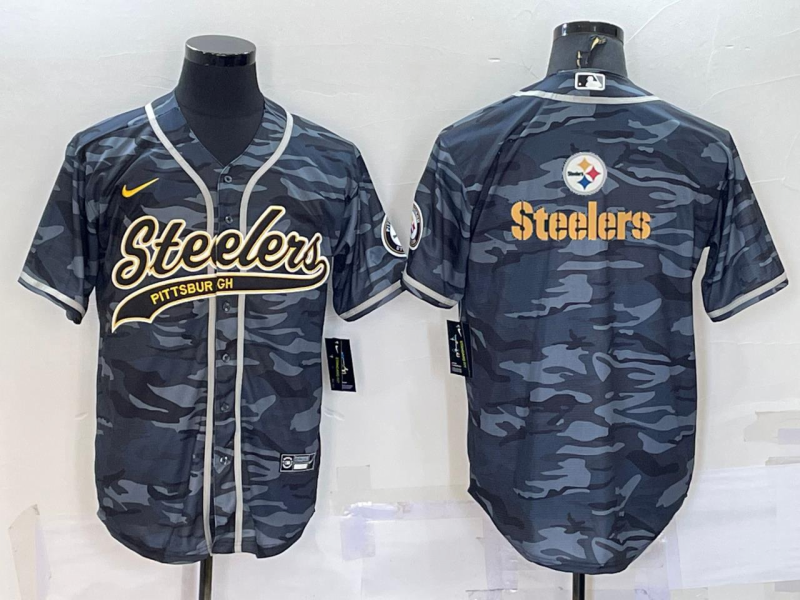 Men's Pittsburgh Steelers Blank Grey Camo Team Big Logo With Patch Cool Base Stitched Baseball Jersey